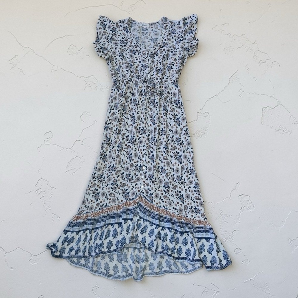 Japna Blue and White Floral Maxi Dress with Border Print